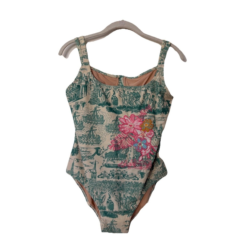 Rosa Cha France‎ Green Scenes One Piece Embroidered Swimsuit Size Large